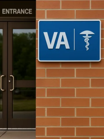 VA clinic entrance with a VA sign